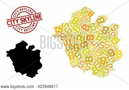 Textured City Skyline Stamp Seal, And Financial Mosaic Map Of Chandigarh City. Red Round Stamp Seal 