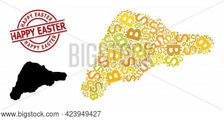 Rubber Happy Easter Stamp Seal, And Currency Mosaic Map Of Easter Island. Red Round Stamp Has Happy 