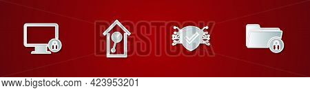 Set Lock On Monitor, Retro Wall Watch, Cyber Security And Folder And Lock Icon. Vector