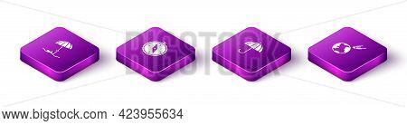 Set Isometric Sun Protective Umbrella For Beach, Compass, Umbrella And Comet Falling Down Fast Icon.