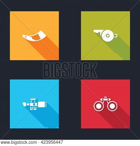 Set Hunting Horn, Whistle, Sniper Optical Sight And Binoculars Icon. Vector