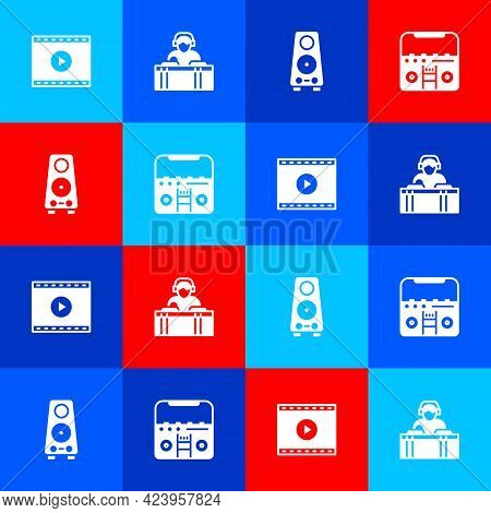 Set Online Play Video, Dj Playing Music, Stereo Speaker And Home Stereo With Speakers Icon. Vector