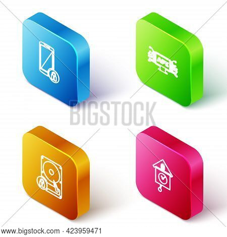 Set Isometric Line Smartphone With Lock, Computer Api Interface, Hard Disk Drive And And Retro Wall 