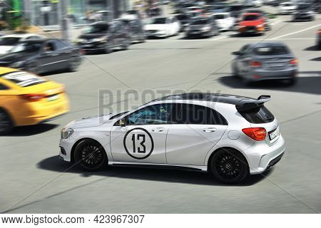 Kiev, Ukraine - May 22, 2021: Mercedes-benz A45 Amg In Motion. Mercedes Sports Car In The City