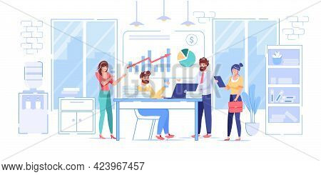 Vector Cartoon Flat Office Workers Characters Performs Work Tasks.successful Employees Business Team