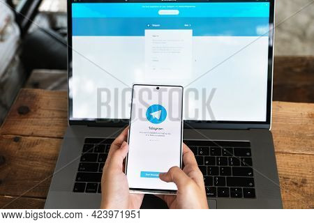 Chiangmai, Thailand June 06 2021 : Telegram Application Icon Smartphone Mobile Close-up. Telegram Ap
