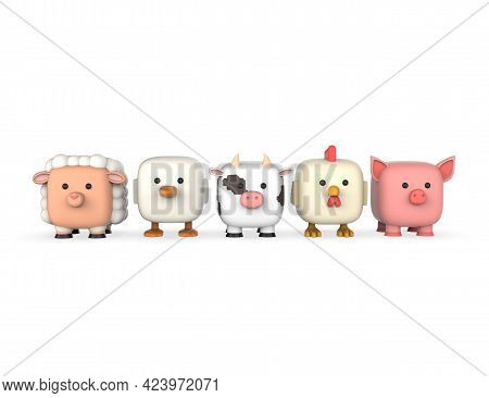 Set Cube Cute Farm Animals 3d Render Models Isolated White Background.