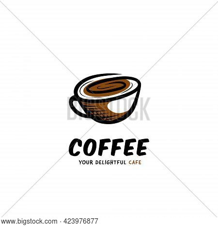 Coffee Cup Cafe Logo In Doodle Style Hand Drawing Icon Illustration