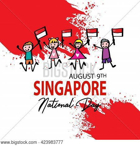 Cartoon Cute Boy And Girl Holding National Singapore Flag. August 9th Singapore`s Independence Day. 