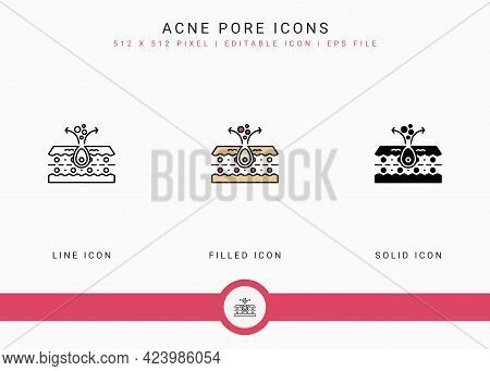 Acne Pore Icons Set Vector Illustration With Solid Icon Line Style. Skin Inflammation Dermatology Co
