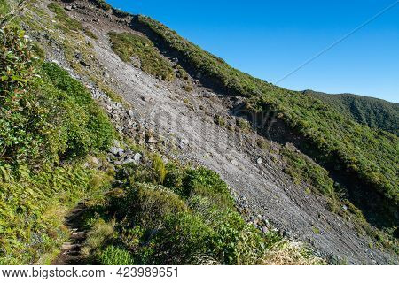 The Loose Rock Face And Landslide Area Of Boomerang Slip Track In Egmont National Park, New Zealand.