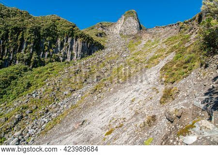 The Loose Rock Face And Landslide Area Of Boomerang Slip Track In Egmont National Park, New Zealand.