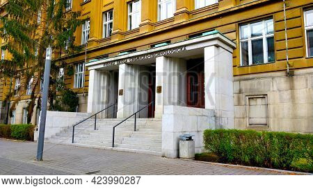Prague, Czech Republic - April 13, 2021: Main Entrance Of Historical Building University Of Chemistr