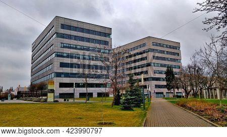 Prague, Czech Republic - April 17, 2021: Office Buildings In Prague Prosek During Cloudy Weather Wit
