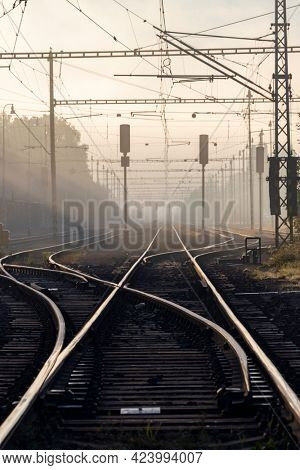 medium-sized railway station in the morning fog, Czech Republic