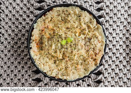 Vegan Lentil Cottage Pie With Mash Potato Topping Before Going In The Oven, Healthy Plant-based Food