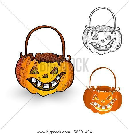 Halloween Monsters Isolated Spooky Pumpkin Cauldron Set.