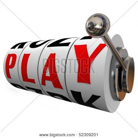 The word Play on slot machine wheels to illustrate fun and entertainment in gambling at a casino or enjoying a night out playing games