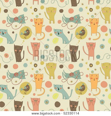 Cartoon cats, bird and toys on a bright background.