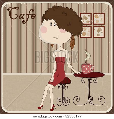 Illustration of a girl in a cafe.