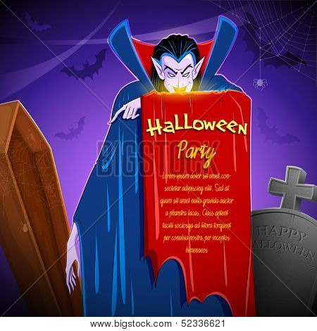 illustration of Dracula in graveyard in Halloween night