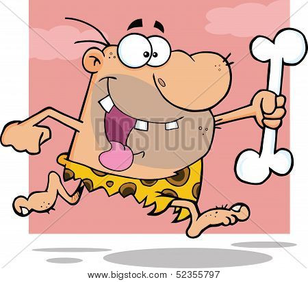 Caveman Cartoon Character Running With A Big Bone
