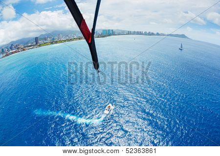 Parasailing Over Ocean in Hawaii, View from up in the Sky