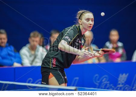 SCHWECHAT, AUSTRIA - FEBRUARY 8 Sofia Polcanova (Linz AG Froschberg) loses the first game in the ETTU semifinals on February 8, 2013 in Schwechat, Austria.