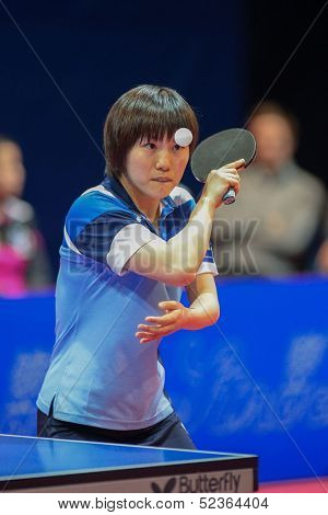 SCHWECHAT, AUSTRIA - FEBRUARY 8 Yuki Nonaka (SVS Stroeck) wins the first game against in the ETTU semifinals on February 8, 2013 in Schwechat, Austria.