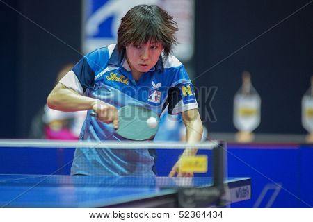 SCHWECHAT, AUSTRIA - FEBRUARY 8 Yuki Nonaka (SVS Stroeck) wins the fourth game against in the ETTU semifinals on February 8, 2013 in Schwechat, Austria.