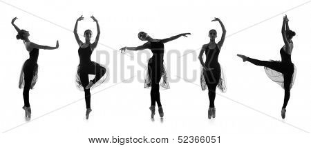 Collection of different ballet poses. Black and white silhouettes isolated on white.