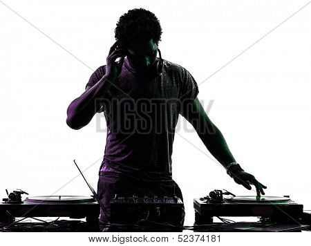 one disc jockey man in silhouette  on white background