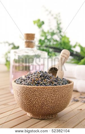 Lavender with wooden spoon in a bowl