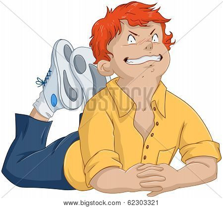 Bad Red Headed Boy Laying On Floor