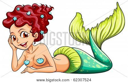 Illustration of a smiling mermaid with green tail on a white background