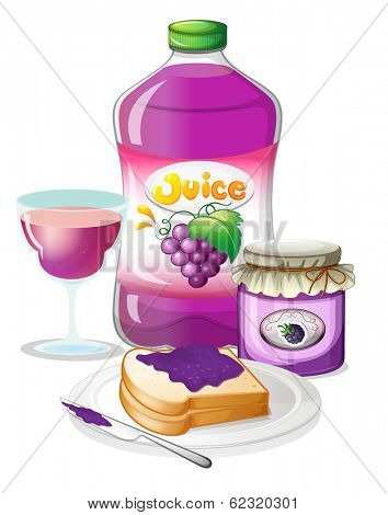 Illustration of the grape juice, jam and sandwich on a white background