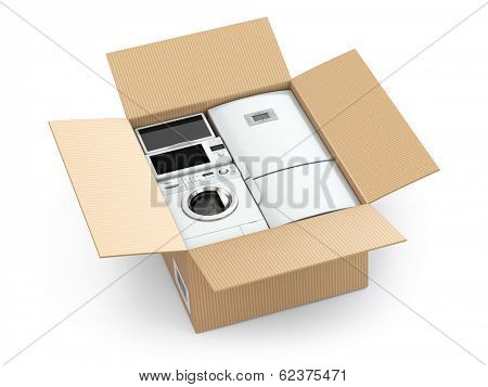 Home appliance in box on wnite isolated background
