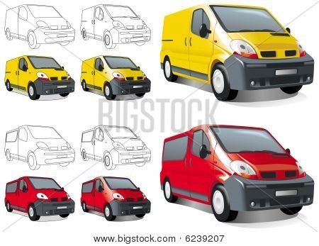 Mini buss, van, fragt og passagerer. Stadier af tegning