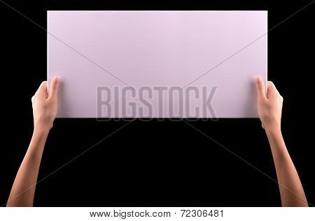 Hands holding big blank paper banner