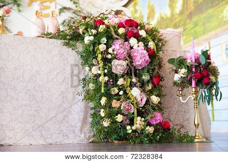 Floral Arrangement To Decorate The Wedding Feast, The Bride And Groom.