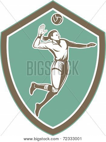 Volleyball Player Spiking Ball Shield Retro
