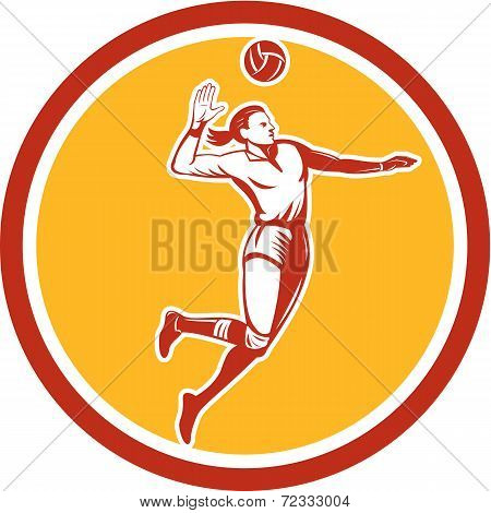 Volleyball Player Spiking Ball Circle Retro