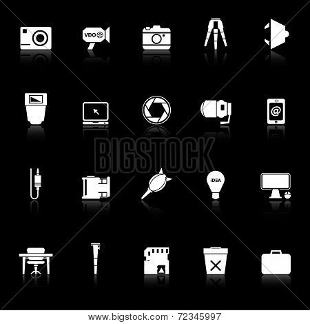 Photography Related Item Icons With Reflect On Black Background
