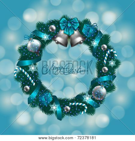New Year's background - a wreath of fir branches, balls
