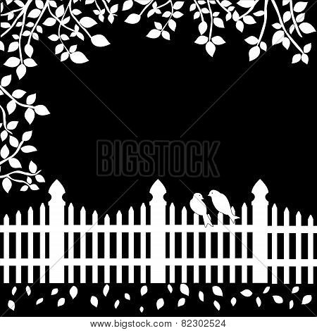 White Fence And Birds On Black Background