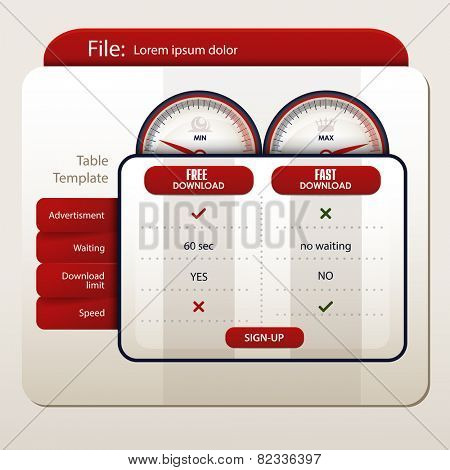 Table template for file sharing sites with speedometer and subscription plan