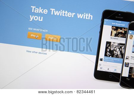 Ostersund, Sweden - Feb 1, 2015: Close up of Twitter website on a computer screen. Twitter is a free social networking and microblogging service