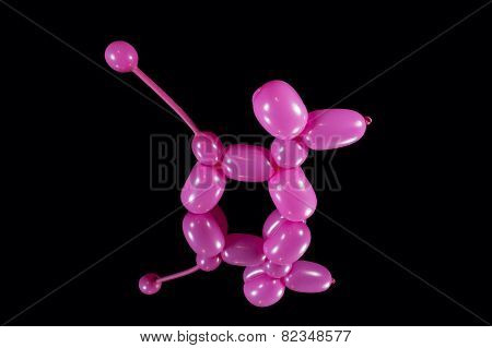 Pink Balloon Dog With Reflection On Black Glass Mirror