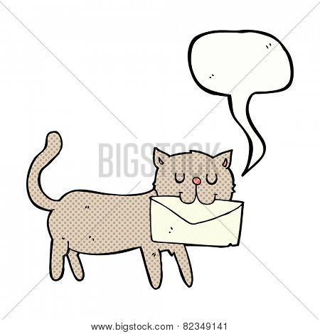cartoon cat carrying letter with speech bubble