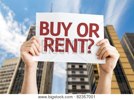 Buy or Rent? card with a urban background